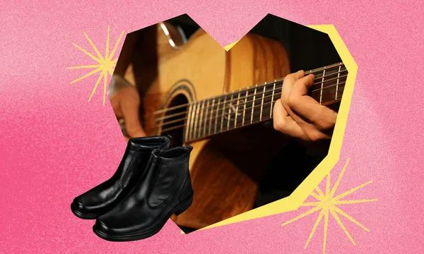 dating files template with man's hands playing guitar, black boots and a pink background