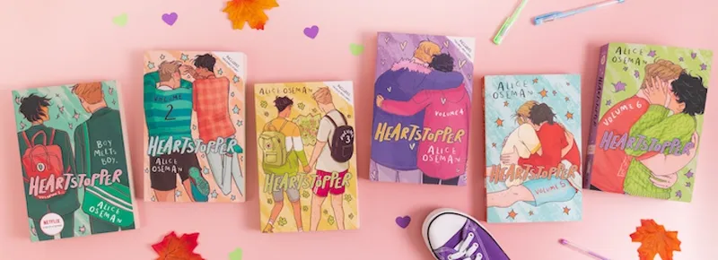 A colour image of five books from the Heartstopper series