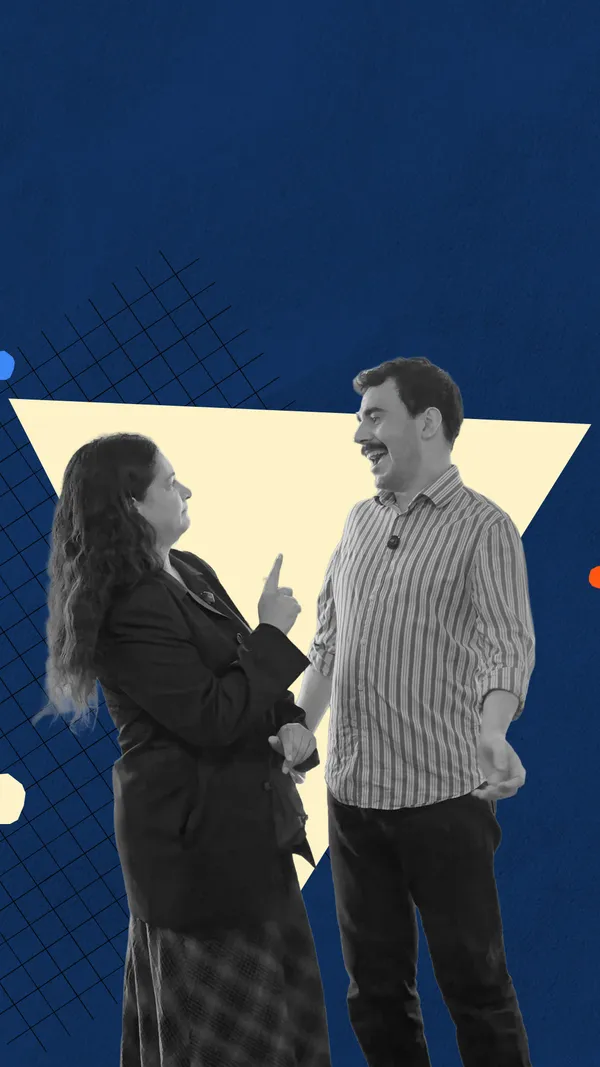 An abstract background. On top is a black-and-white cut-out image of Lyric Waiwiri-Smith holding a finger up to Robbie Nicol.