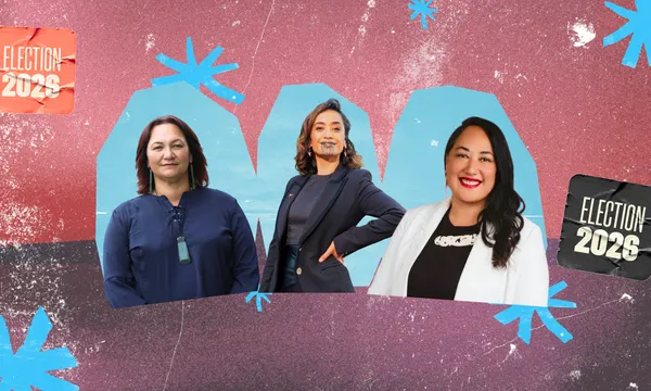 Composite election graphic featuring Tāmaki Makaurau candidates Kerrin Leoni of Labour, Oriini Kaipara of Te Pāti Māori and Florence Te Ohaere of the Green Party against a pink textured background with blue graphic shapes and Election 2026 labels. Leoni is pictured on the right, Kaipara in the centre and Te Ohaere on the left.
