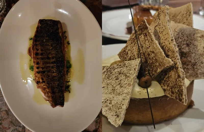 A composite image. On one side is a large piece of grilled fish on a white plate. On the other is an elaborate dessert with meringue shards.