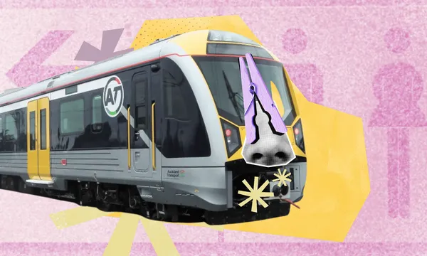 An Auckland Transport train with blue, grey and green livery sits in the left of the screen with a nose on its front and a peg on its nose.
