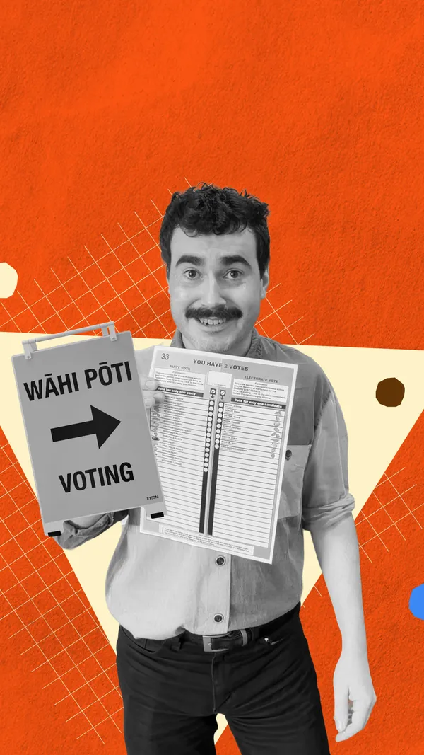 A black-and-white cut-out image of Robbie Nicol holding up a ballot paper, with a voting sign next to him. The background is abstract orange shapes.