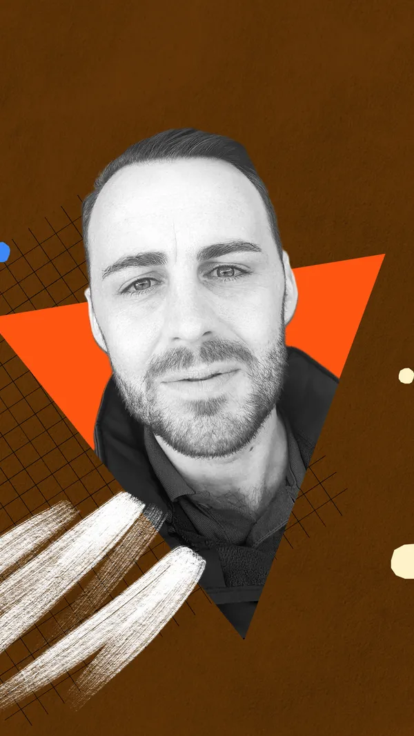 A black-and-white cut-out image of Tom Rutherford emerging from an orange triangle.