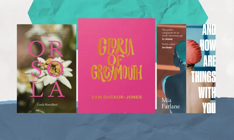 Three book covers with textured coloured shapes behind them.