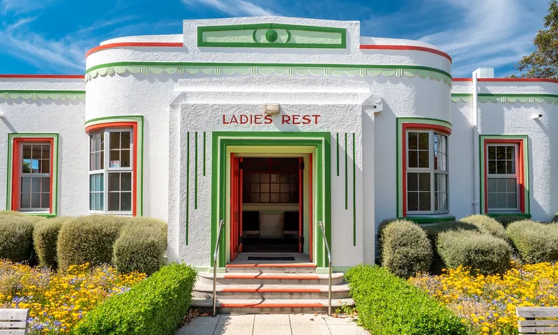 A white art deco building with LADIES REST above the door against a blue sky