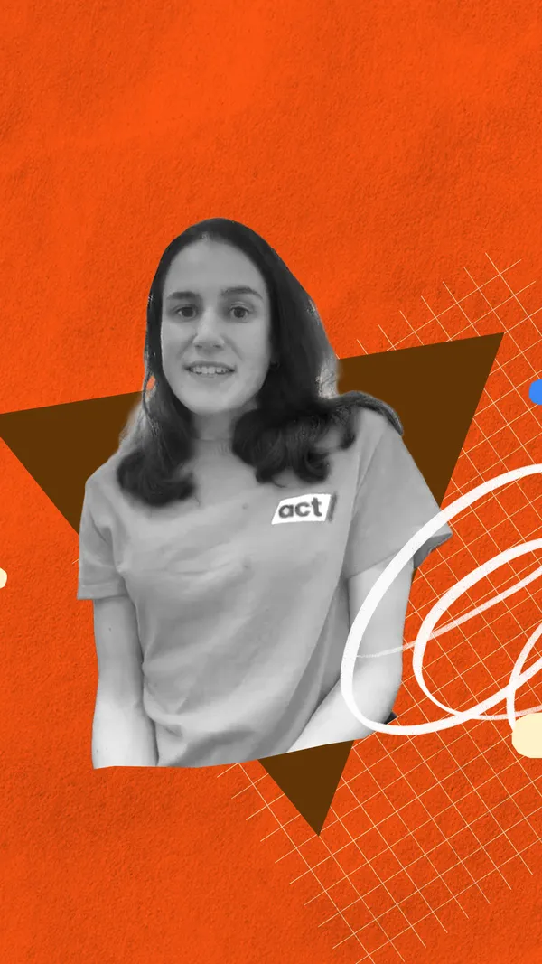 A black-and-white cut-out image of Antonia Modkova on an abstract orange background.