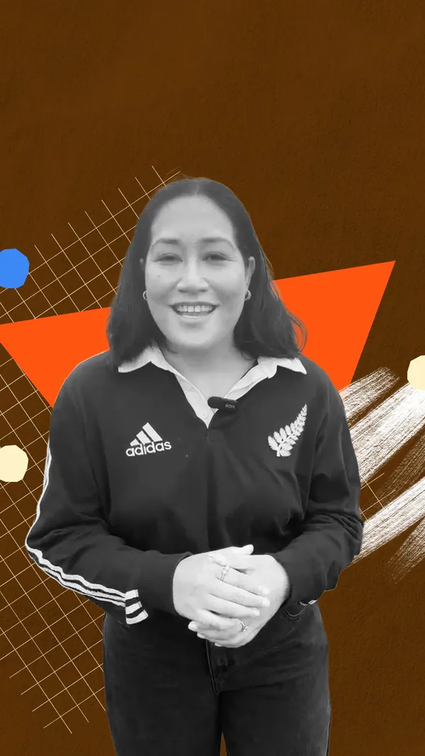 A black-and-white cut-out image of Vicky Hau on an abstract orange background.