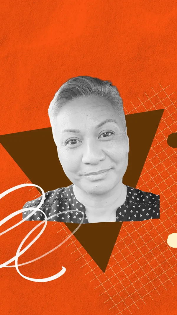 A black-and-white cut-out image of Marama Davidson on an abstract orange background.