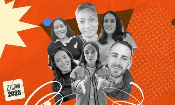 An orange/red background with various shapes overlaid and a grid pattern. In the centre is black and white photos of six people. A sticker in the left corner says Election 2026. 