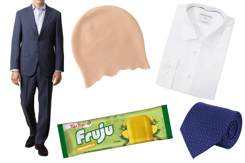 A suit, bald cap, shirt, tie and Fruju