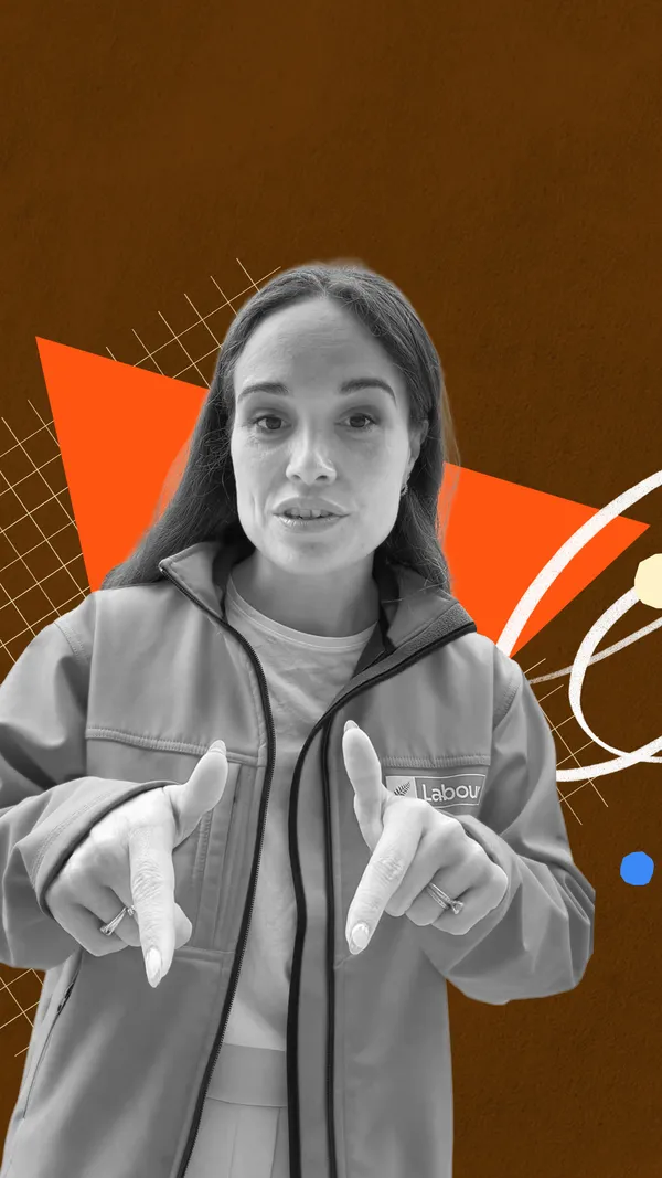 A black-and-white cut-out image of Arena Williams on an abstract orange background.
