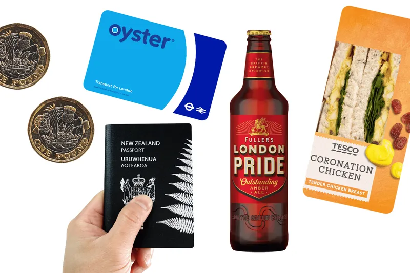 One pound coins, New Zealand passport, London Pride beer, Tesco sandwich and an Oyster Card.