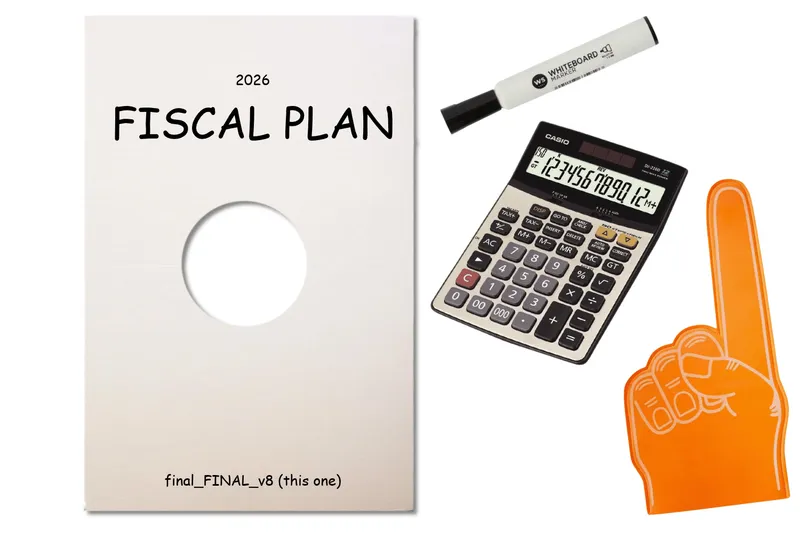 A "fiscal plan" with a hole in it, whiteboard marker, calculator and foam finger.