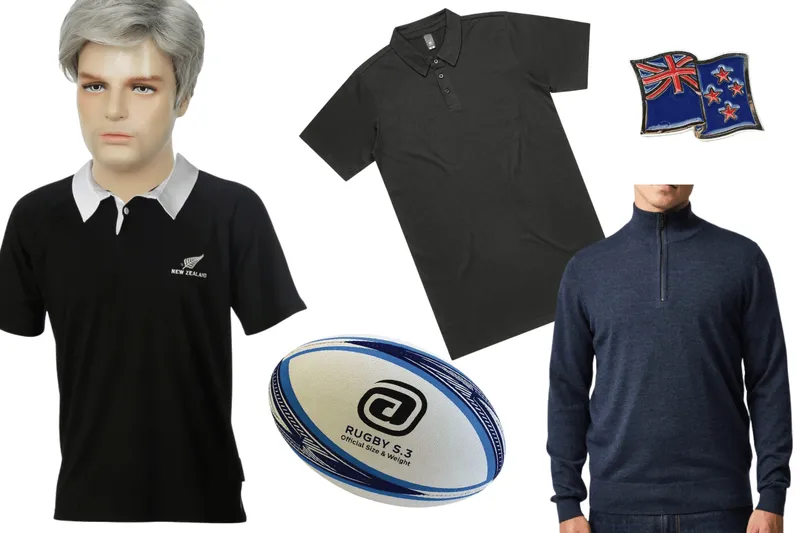 A grey wig, grey polo, navy top, rugby ball and rugby jersey.