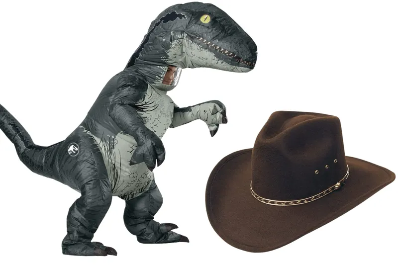 An inflatable dinosaur costume and a fedora.