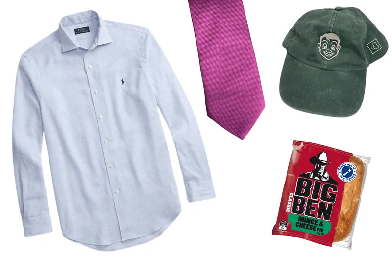 A shirt, tie, cap and pie.