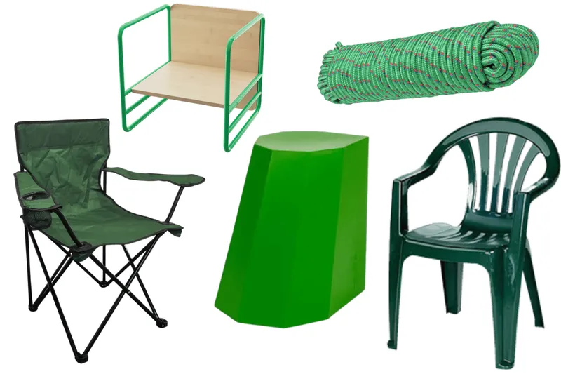 An assortment of green chairs