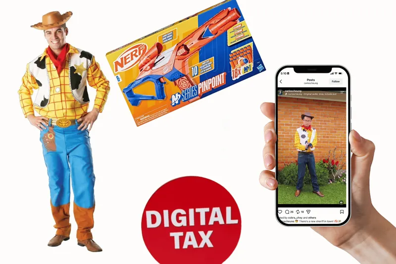 A Woody costume, nerf gun and phone holding an image of Carlos Cheung.