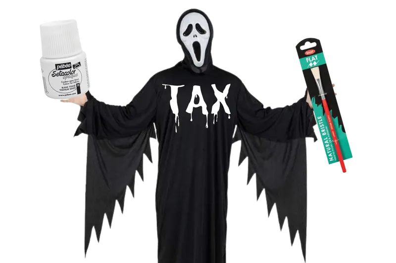 Ghostface from Scream with "tax" written on the front, holding paint and a paint brush.