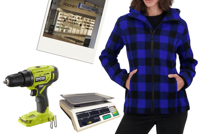 A power drill, scales, Swanndri jacket and photo of Rodney Wayne on Lambton Quay