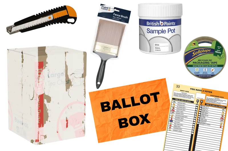 Cardboard box, box cutter, paint brush, paint, voting papers, tape, ballot box sign