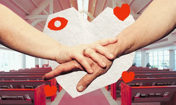 love actually template with older hands holding each other and a background image of church pews in a red tint
