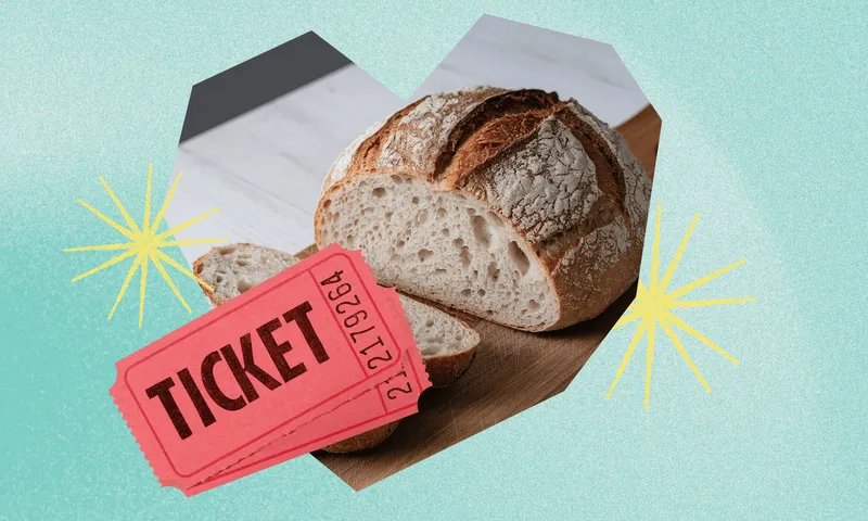 dating files template with a loaf of sourdough on a bread board, red ticket stubs and a green background