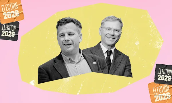 David Seymour and Paul Goldsmith against a yellow and pink background. 