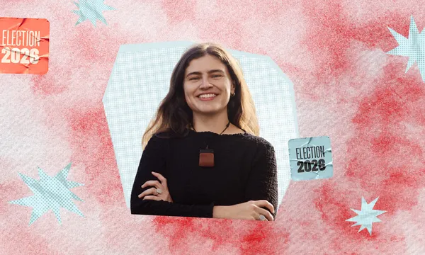 Chlöe Swarbrick smiles in a black top and pounamu pendant against a pink and blue Election 2026 graphic.