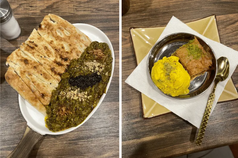 Eggplant stew with barbari bread, baklava and saffron ice cream.