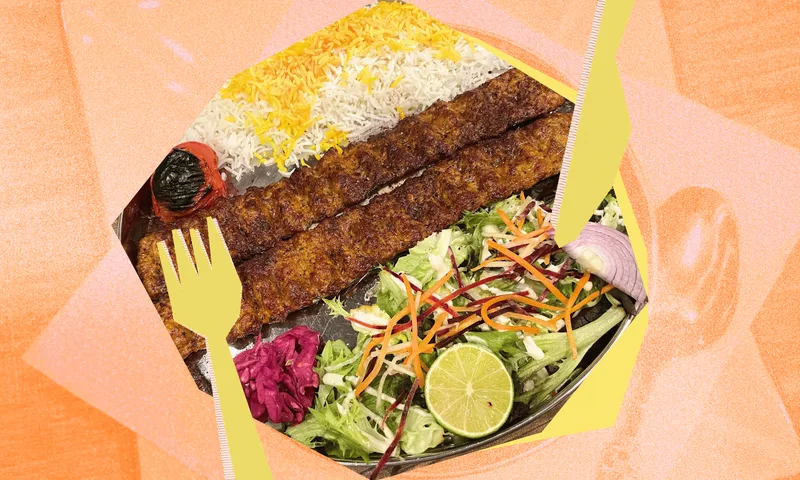 A graphic of chicken, rice and salad.