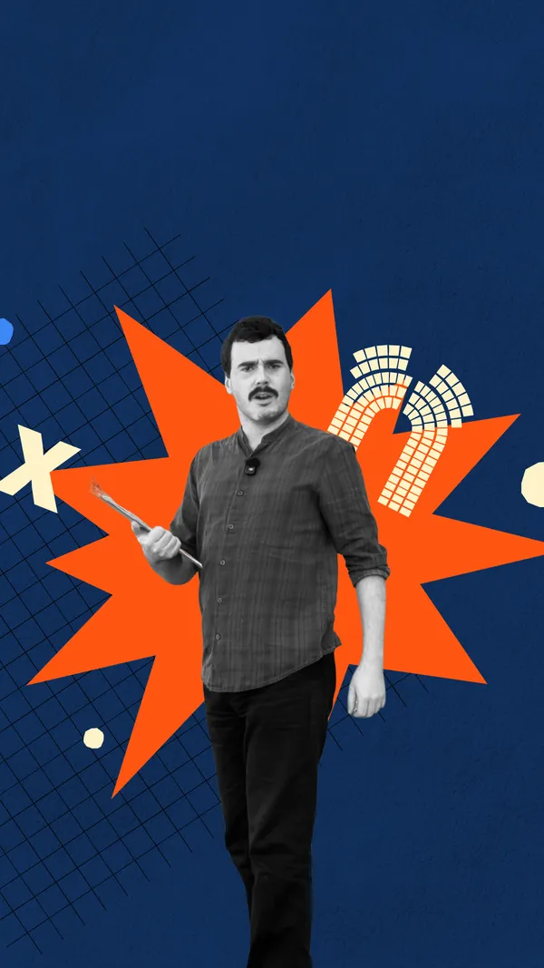 Abstract collage background, with a black-and-white cut-out image of Robbie Nicol turning to look at us while holding a clipboard.