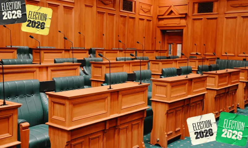 A room of richly coloured wood with green chairs and carpet and microphones on each place. Election 2026 stickers in two corners.