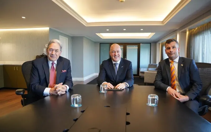 Winston Peters, Christopher Luxon and David Seymour towards the end of coalition talks in 2023. 