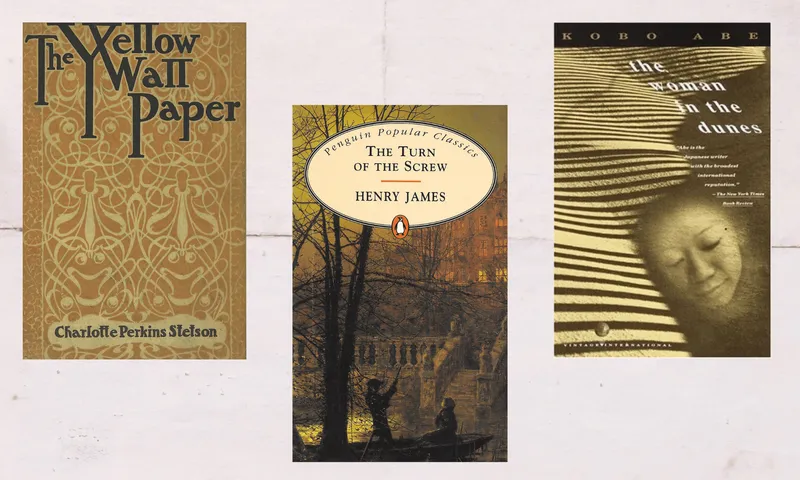 paper background and the book covers of The Yellow Wallpaper by Charlotte Perkins Gilman, The Turn of the Screw by Henry James, and The Woman in the Dunes by Kōbō Abe