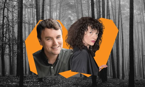 a haunted looking image of a bare forest in the background, with the headshots of a man and a woman overlaid on an orange colour splotch