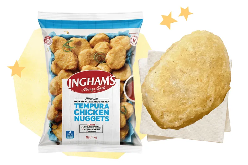 A bag of Inghams Chicken Nuggets alongside a cooked nugget.