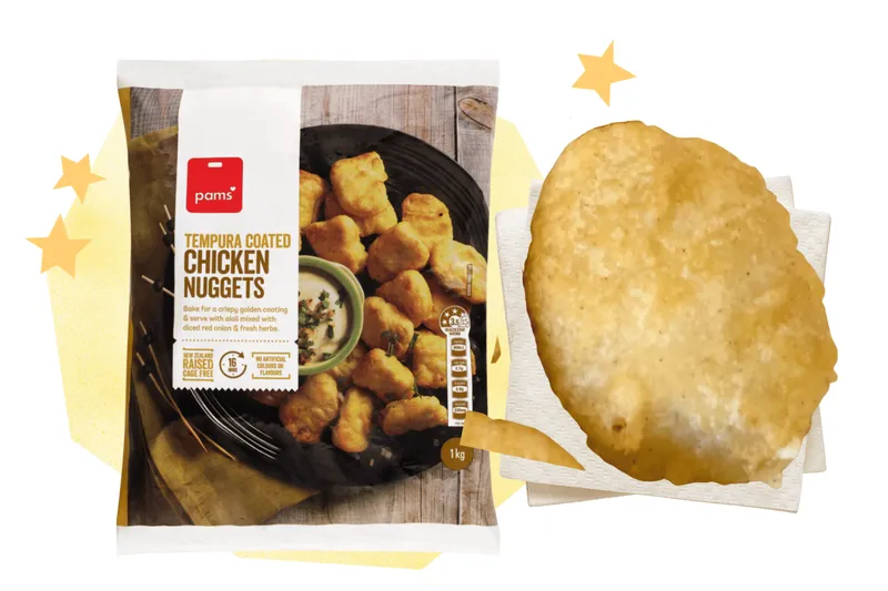 A bag of Pams Chicken Nuggets alongside a cooked nugget.