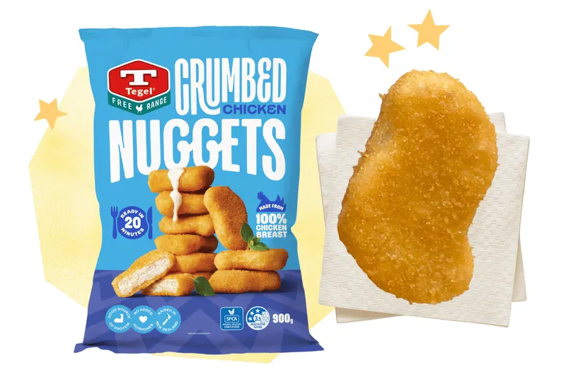 A bag of Tegel crumbed Chicken Nuggets alongside a cooked nugget.