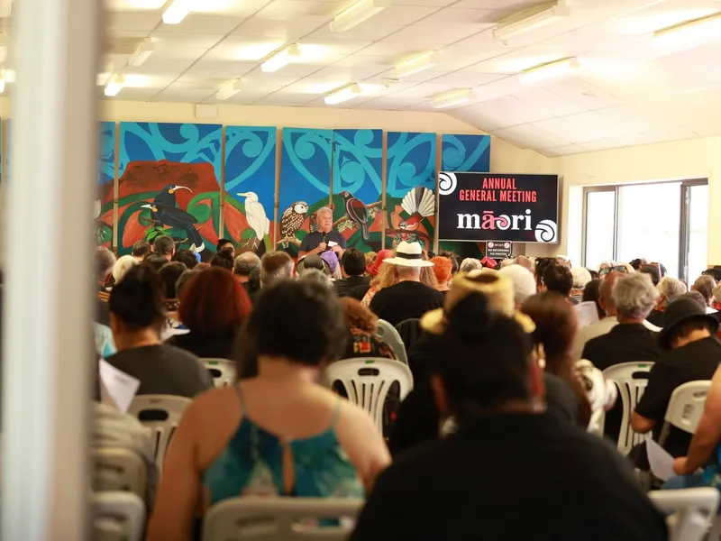 Te Pāti Māori president John Tamihere addresses a packed room at the party’s annual general meeting in December 2025, speaking into a microphone beneath a colourful mural of native birds.