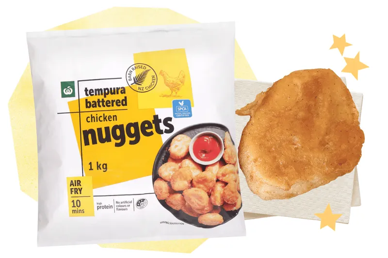 A bag of Woolworths Chicken Nuggets alongside a cooked nugget.