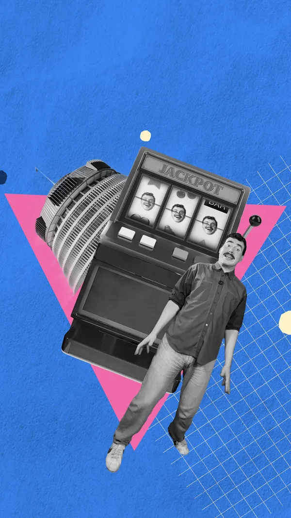 Abstract pink and blue background. Cut-out black-and-white images in the foreground of the beehive, a pokie machine and Robbie Nicol.