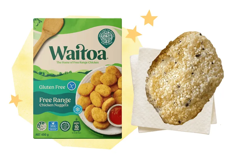A box of Waitoa chicken nuggets alongside a cooked nugget.