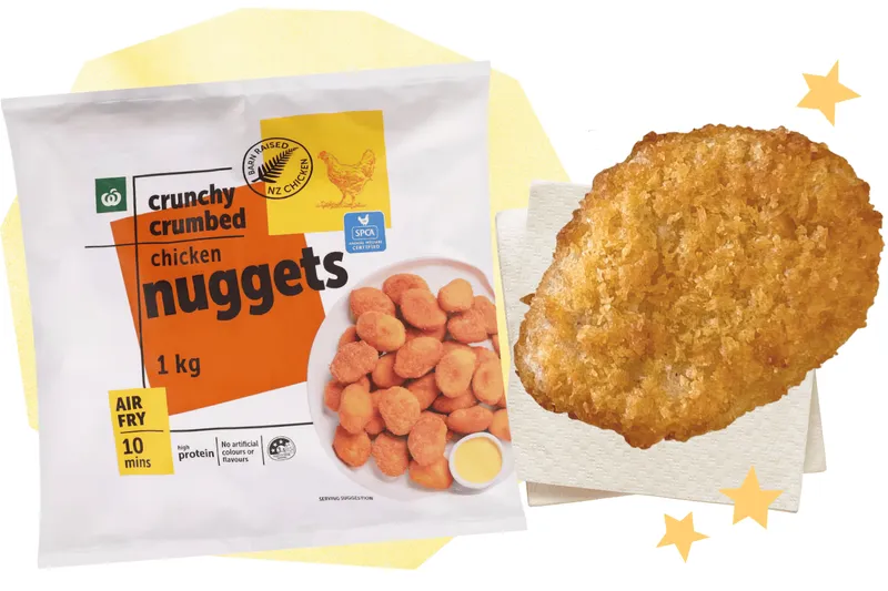 A box of Waitoa chicken nuggets alongside a cooked nugget.
