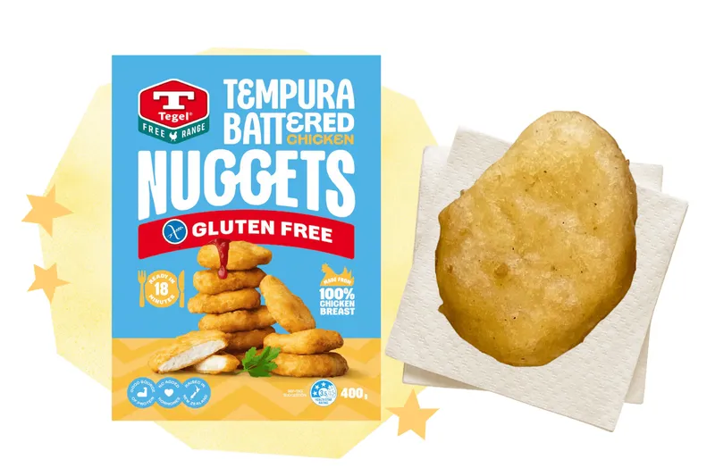 A box of Tegel chicken nuggets alongside a cooked nugget.