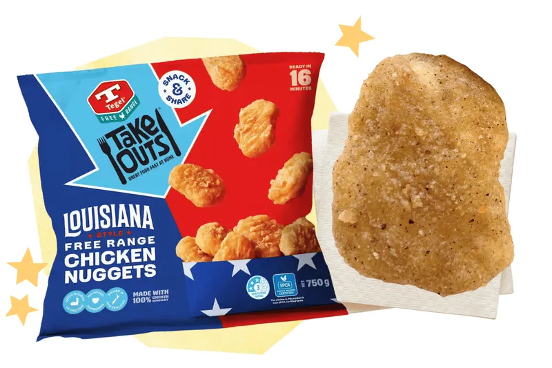 A bag of Tegel Take Outs nuggets alongside a cooked nugget.