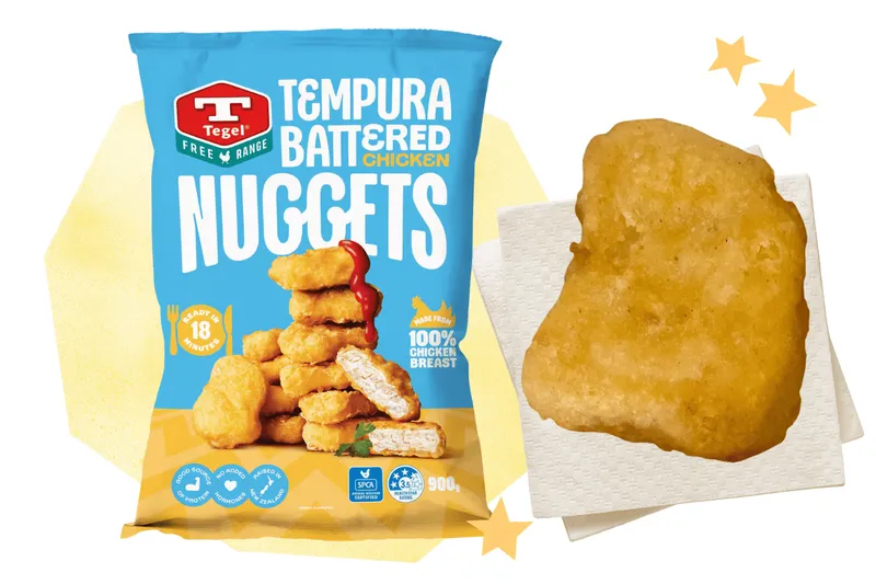 A bag of Tegel nuggets alongside a cooked nugget.
