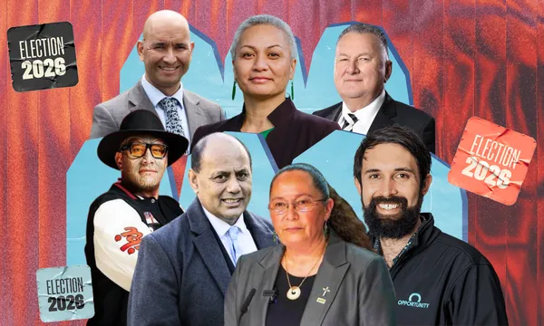 Election 2026 graphic featuring seven New Zealand political figures, including Rawiri Waititi, against a textured red background with blue geometric shapes and election branding.