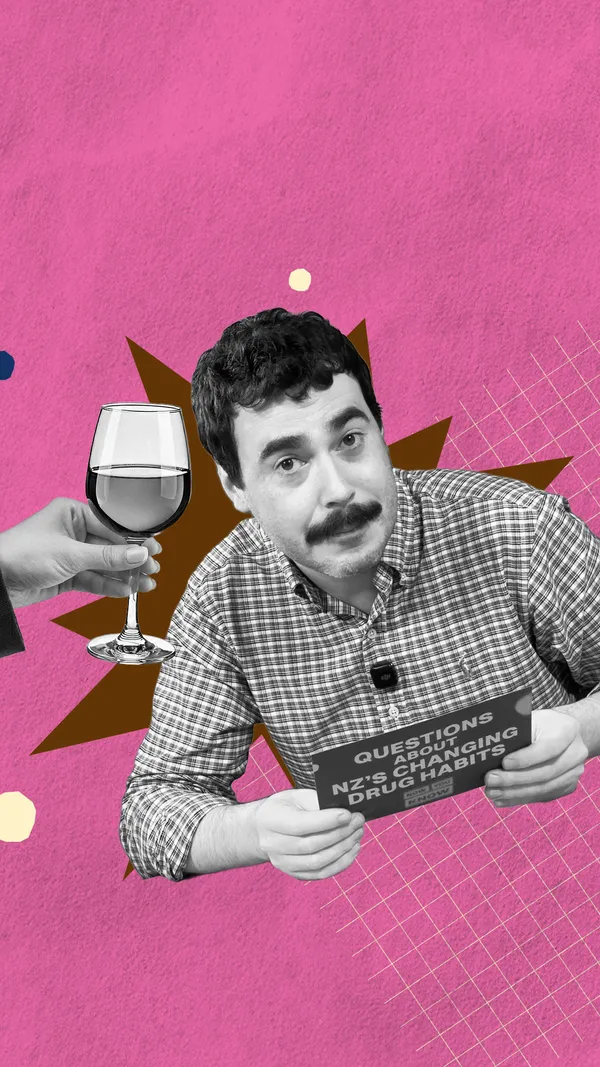 A cut-out black-and-white photo of Robbie Nicol and a hand holding a glass of wine. An abstract pink background.